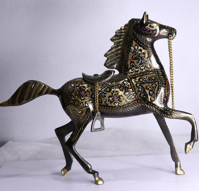 Handcrafted Vintage Brass Horse Figurine | 20x15 cm | Colorful Decorative Statue | 850g | Free Delivery